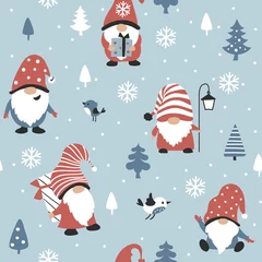 Papier Peint photo Motifs de Noël Modèle sans couture de gnome avec des gnomes mignons. Fond de vecteur dessiné à la main, style scandinave