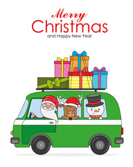 Christmas postcard. Santa with reindeer and snowman carry gifts in van