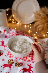 risengrod -  scandinavian-style, rice porridge. Popular traditional breakfast best hygge dessert for Christmas