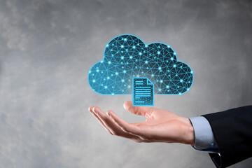 Cloud technology. Polygonal wireframe cloud storage sign with document icon on dark blue. Cloud...