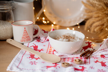 risengrod -  scandinavian-style, rice porridge. Popular traditional breakfast best hygge dessert for Christmas