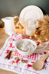 risengrod -  scandinavian-style, rice porridge. Popular traditional breakfast best hygge dessert for Christmas