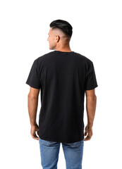 Fototapeta premium Handsome young man in stylish t-shirt isolated on white, back view