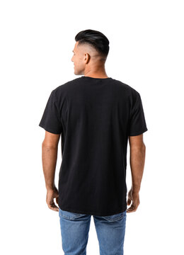 Handsome young man in stylish t-shirt isolated on white, back view