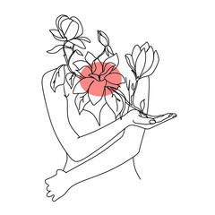 Woman's body with flowers. Line art female hands with butterflies. One line vector drawing. Portrait minimalistic style. Botanical print. Nature symbol of cosmetics.