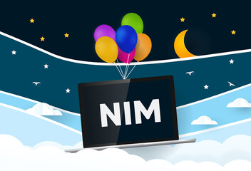 Nim programming language. Balloons carries laptop with word Nim
