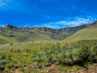 Drakensberg mountains at the border with Lesotho, South Africa. Rural scenery showing the spectacular landscape of South Africa. Tourism and vacations concept.