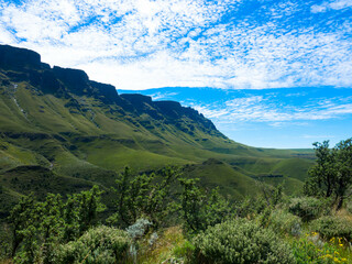 Drakensberg mountains at the border with Lesotho, South Africa. Rural scenery showing the spectacular landscape of South Africa. Tourism and vacations concept.