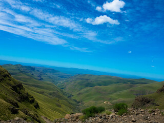 Drakensberg mountains at the border with Lesotho, South Africa. Rural scenery showing the spectacular landscape of South Africa. Tourism and vacations concept.