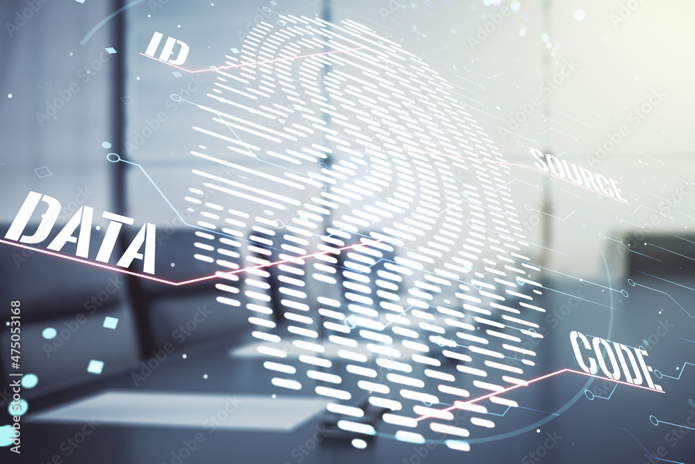 Poster Multi exposure of virtual fingerprint scan interface on a modern furnished office interior background, digital access concept