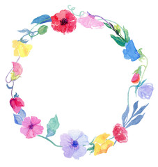 Wreath of wild flowers in watercolor style with white background, circle frame