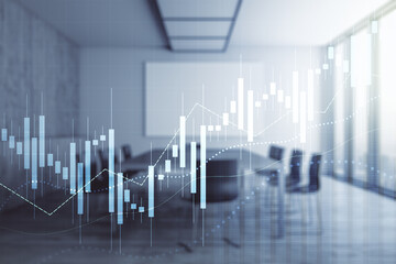 Multi exposure of virtual creative financial chart hologram on a modern meeting room background, research and analytics concept