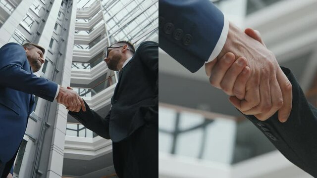 Split screen shot with low angle medium shot and close up of businessmen in suits negotiating deal and shaking hands in lobby of modern office building