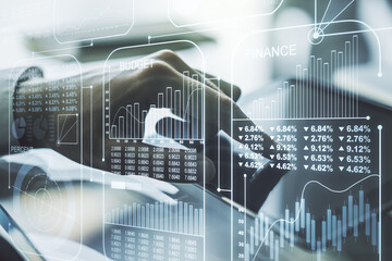 Abstract creative stats data concept with finger clicks on a digital tablet on background. Multiexposure