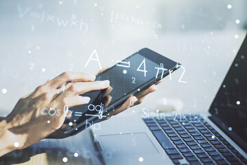 Double exposure of creative scientific formula concept with finger clicks on a digital tablet on background, research and development concept