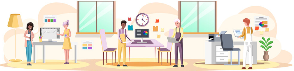 Graphic designer creating his artwork using computer software and lising music. Digital artist, illustrator, graphic design professional at workplace. Print studio workers. Freelance, work from home