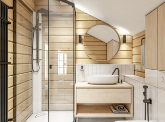  Interior of bathroom in a wooden house    - 475053576