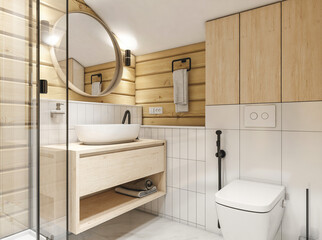  Interior of bathroom in a wooden house   