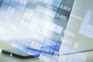 Abstract creative analytics data spreadsheet on modern computer background, analytics and analysis concept. Multiexposure