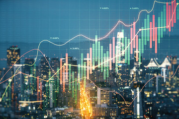 Multi exposure of virtual creative financial chart hologram on San Francisco skyscrapers background, research and analytics concept