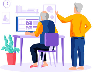 Elderly people and digital technology pensioner man sits at computer studying on courses with coach. Concept of remote work from home, distance learning, programming, freelance for retired people