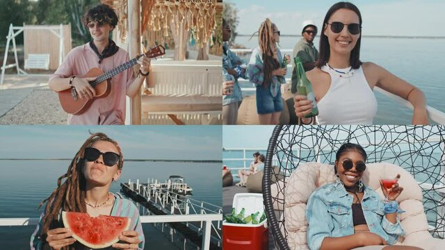 Split screen portraits of carefree young people enjoying their summer and posing for camera