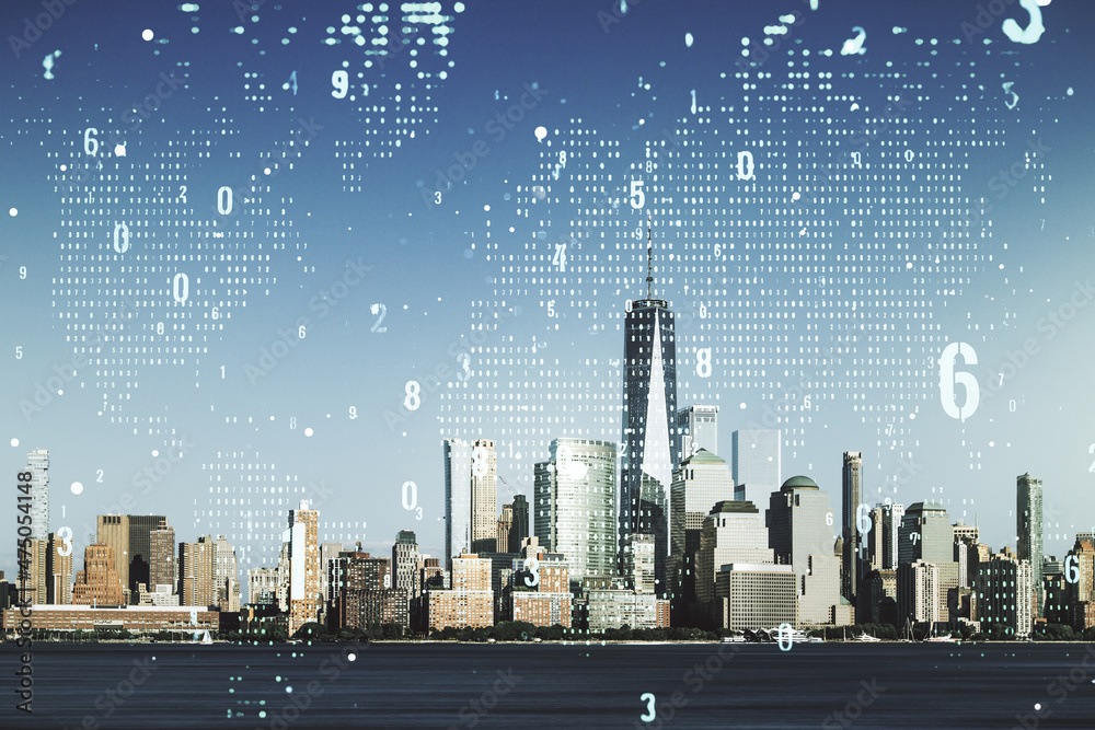 Poster multi exposure of abstract creative coding sketch and world map on new york city skyline background,