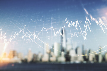 Double exposure of virtual creative financial diagram on blurry office buildings background,...