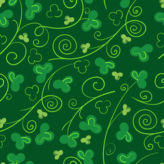 Green seamless pattern with clover and monograms. Festive vector flat background for st Patrick's day