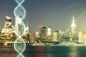 Virtual DNA symbol illustration on New York city skyline background. Genome research concept....