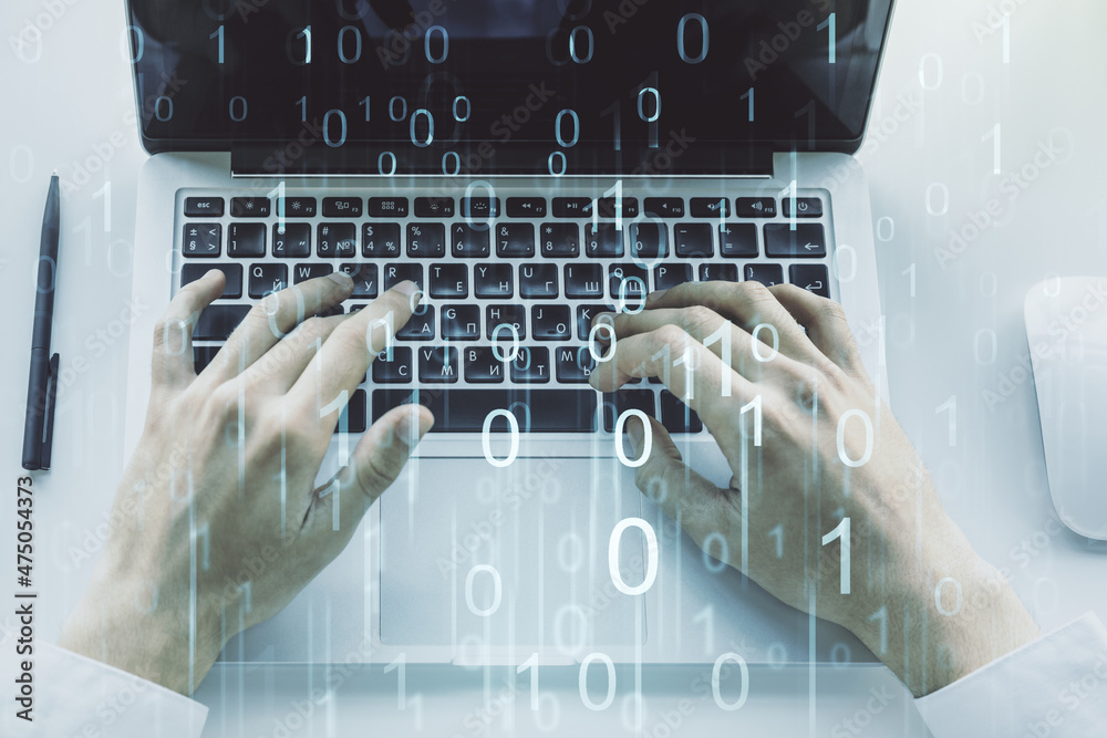 Aufkleber creative concept of binary code illustration and hands typing on laptop on background. big data and 