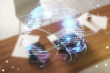 Abstract graphic digital world map with connections and modern desktop with pc on background,...