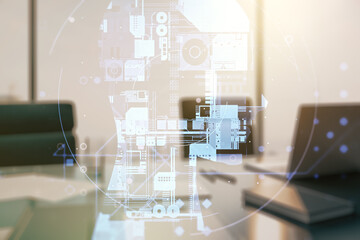 Double exposure of creative human head microcircuit and modern desk with computer on background. Future technology and AI concept