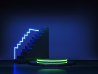 Abstract neon background with glowing geometric shapes, objects and natural stone, podium-3d, render. Empty showcase, stand, platform for presentations, advertising of technological products, gadgets.