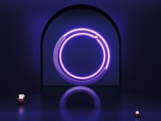 Abstract neon background with glowing geometric shapes, objects and natural stone, podium-3d, render. Empty showcase, stand, platform for presentations, advertising of technological products, gadgets.