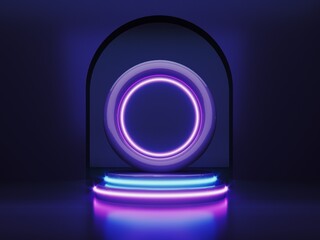 Abstract neon background with glowing geometric shapes, objects and natural stone, podium-3d, render. Empty showcase, stand, platform for presentations, advertising of technological products, gadgets.