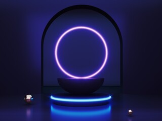 Abstract neon background with glowing geometric shapes, objects and natural stone, podium-3d, render. Empty showcase, stand, platform for presentations, advertising of technological products, gadgets.