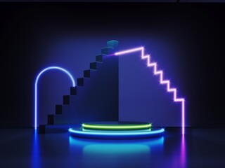 Abstract neon background with glowing geometric shapes, objects and natural stone, podium-3d, render. Empty showcase, stand, platform for presentations, advertising of technological products, gadgets.