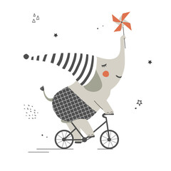 Funny elephant ride on bike. Childish print template design.