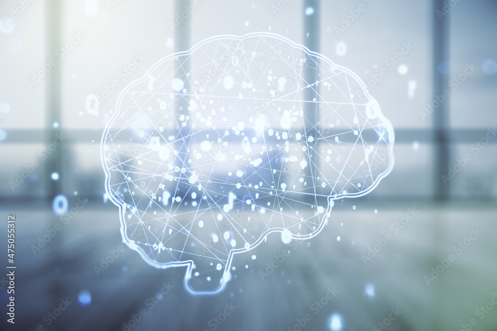 Aufkleber Double exposure of creative artificial Intelligence interface on empty modern office background. Neural networks and machine learning concept