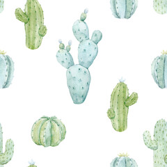 Beautiful seamless pattern with hand drawn watercolor cactus. Stock illustration.