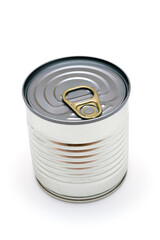 Unopened Tin Can with Blank Edge on White Background. Canned Food. Aluminum Can for Safe and Long Term Storage of Food. Steel Sealed Food Storage Container