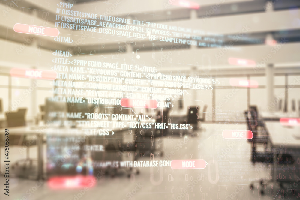 Aufkleber Abstract virtual coding concept on a modern furnished office background. Multiexposure