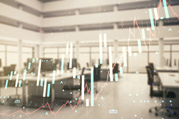 Double exposure of abstract creative financial chart hologram on modern corporate office background, research and strategy concept