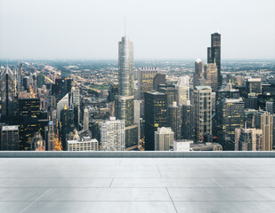 Empty concrete rooftop on the background of a beautiful Chicago city skyline at daytime, mockup