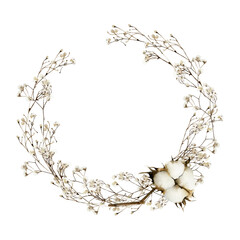 Watercolor floral wreath with dry flowers of gypsophila and cotton. Hand-drawn winter frame template isolated on white background for wedding invitations, cards, and logo