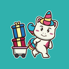 vector illustration of cute unicorn 
bring lots of gifts,
suitable for children's books, birthday cards, valentine's day
