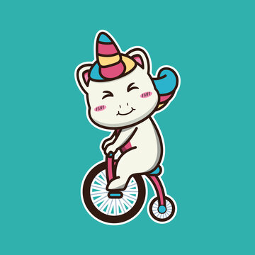 vector illustration of cute unicorn 
riding a circus bike,
suitable for children's books, birthday cards, valentine's day