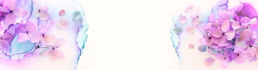 Creative image of pastel violet and pink Hydrangea flowers on artistic ink background. Top view with copy space