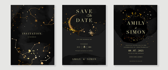 Wedding invitation Card template with  star and moon themed . Gold and luxury save the dated card with watercolor and gold sparkles and brush texture. Starry night cover design background.